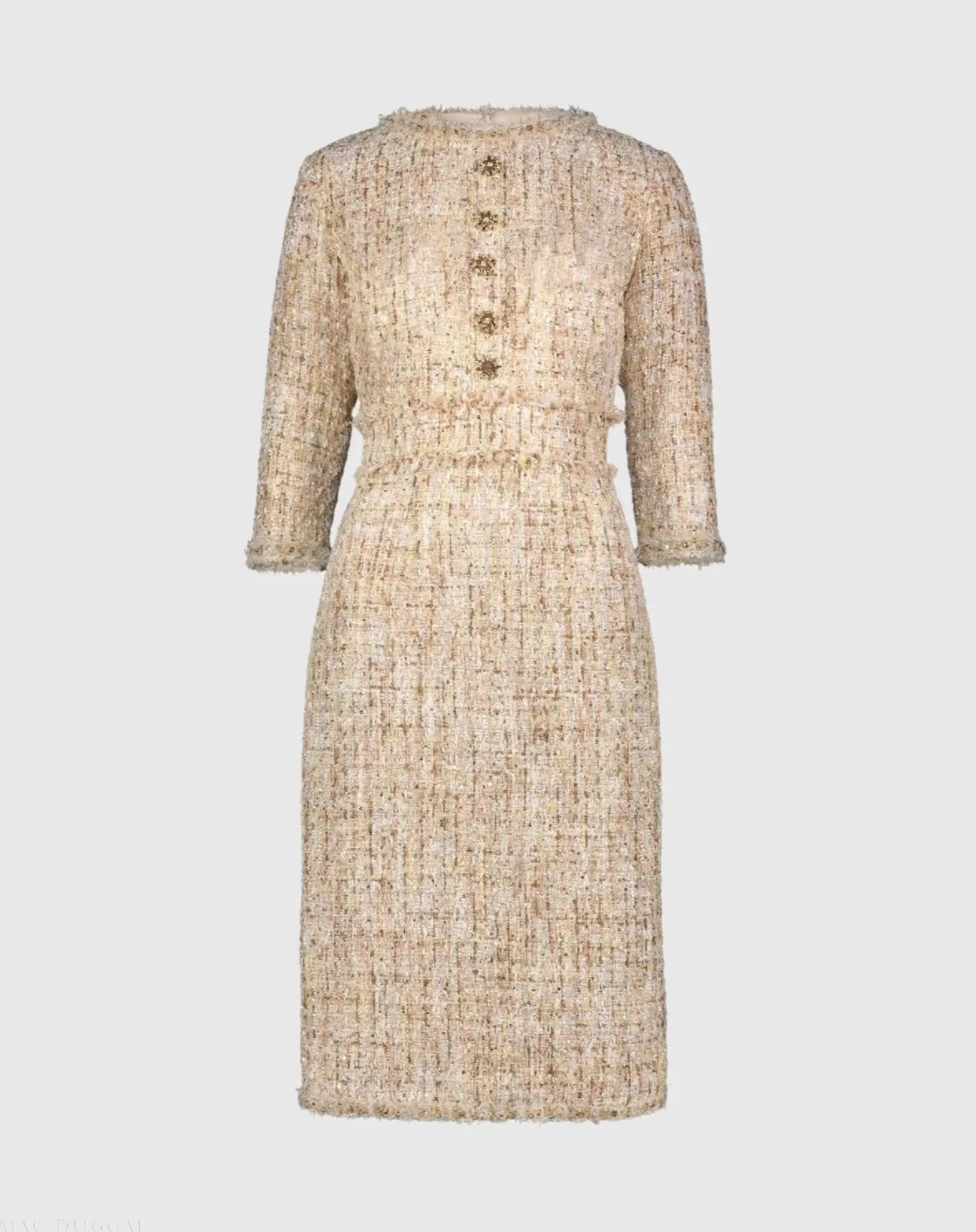 Beige Beaded Trim Boucle Midi Dress with 3/4 Sleeves