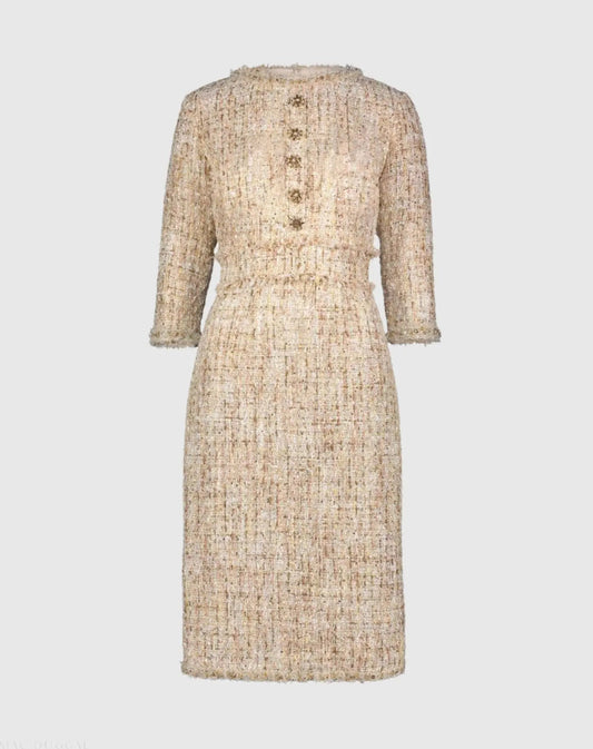 Beige Beaded Trim Boucle Midi Dress with 3/4 Sleeves