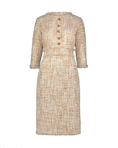 Beige Beaded Trim Boucle Midi Dress with 3/4 Sleeves