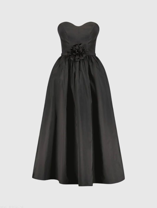 Black Faille Strapless A Line Midi Dress With 3D Rose - FINAL SALE