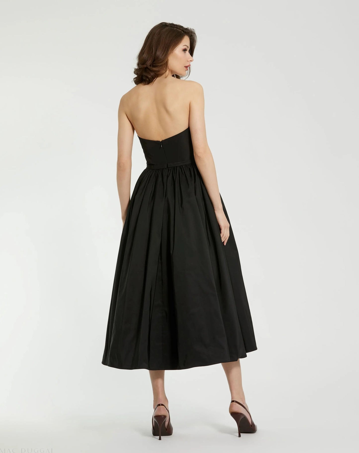 Black Faille Strapless A Line Midi Dress With 3D Rose - FINAL SALE