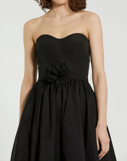 Black Faille Strapless A Line Midi Dress With 3D Rose - FINAL SALE