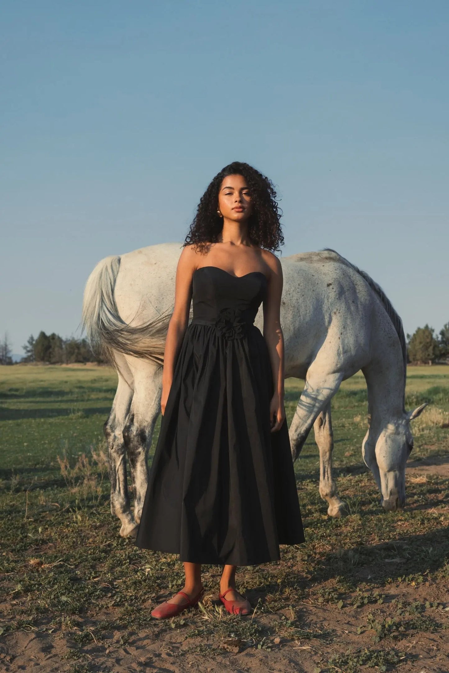Black Faille Strapless A Line Midi Dress With 3D Rose - FINAL SALE