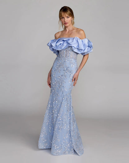 Blue Embellished Mermaid Gown With Off The Shoulder Ruffle