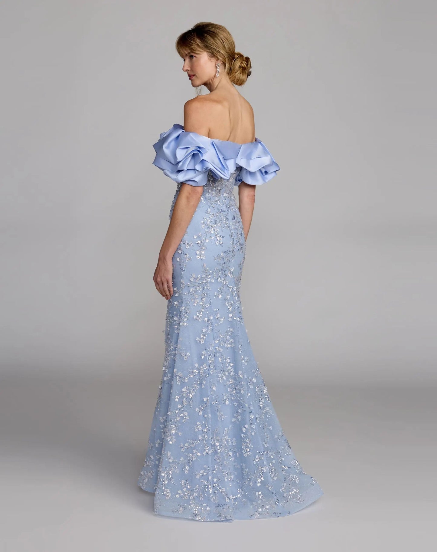 Blue Embellished Mermaid Gown With Off The Shoulder Ruffle