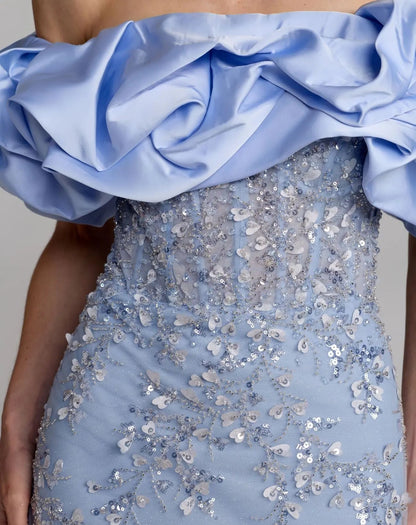 Blue Embellished Mermaid Gown With Off The Shoulder Ruffle