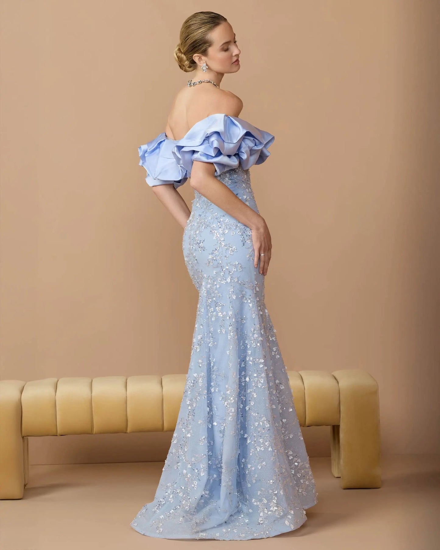 Blue Embellished Mermaid Gown With Off The Shoulder Ruffle