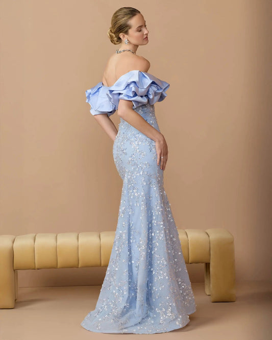 Blue Embellished Mermaid Gown With Off The Shoulder Ruffle