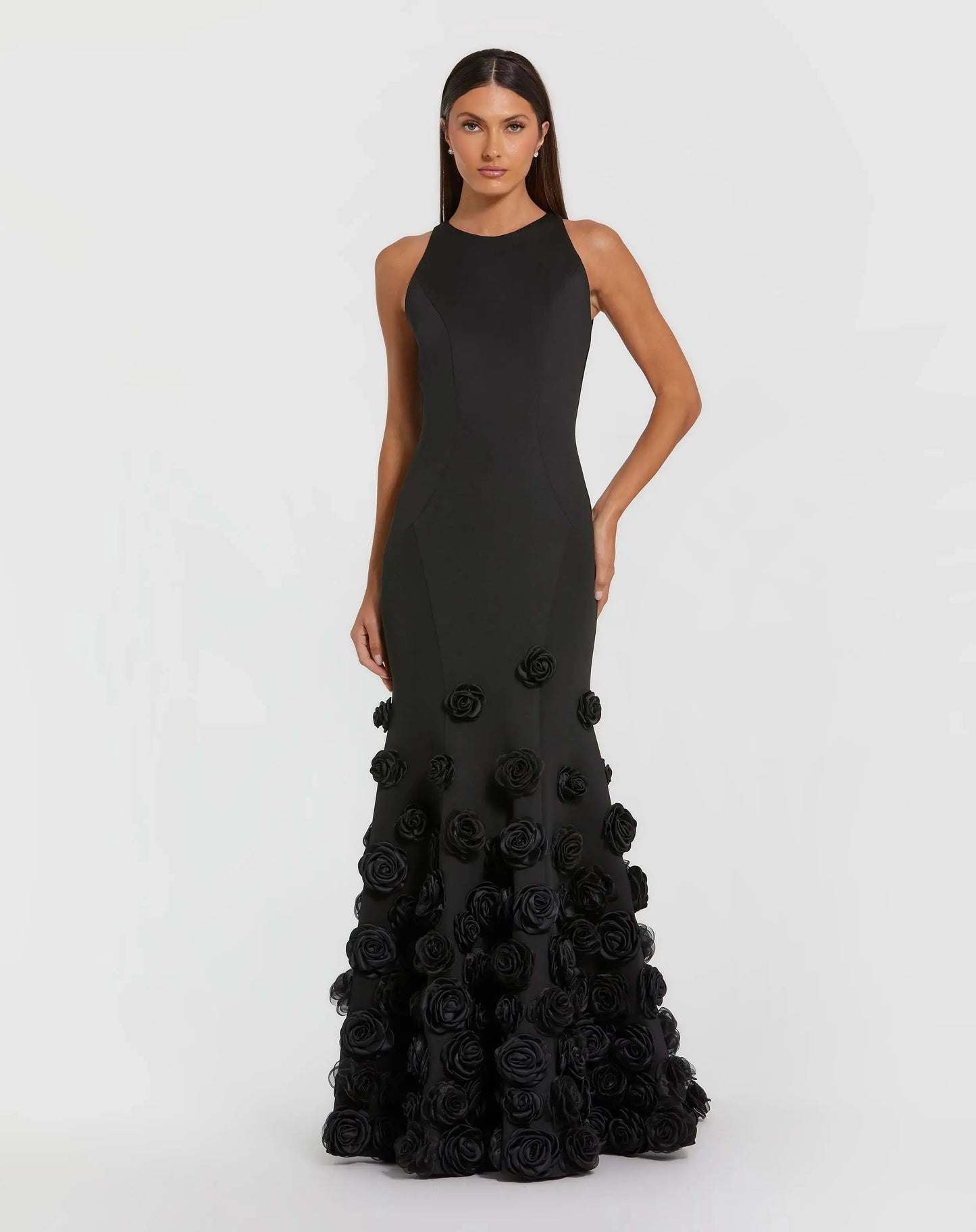Black Sleeveless Mermaid Gown With 3D Floral Hem