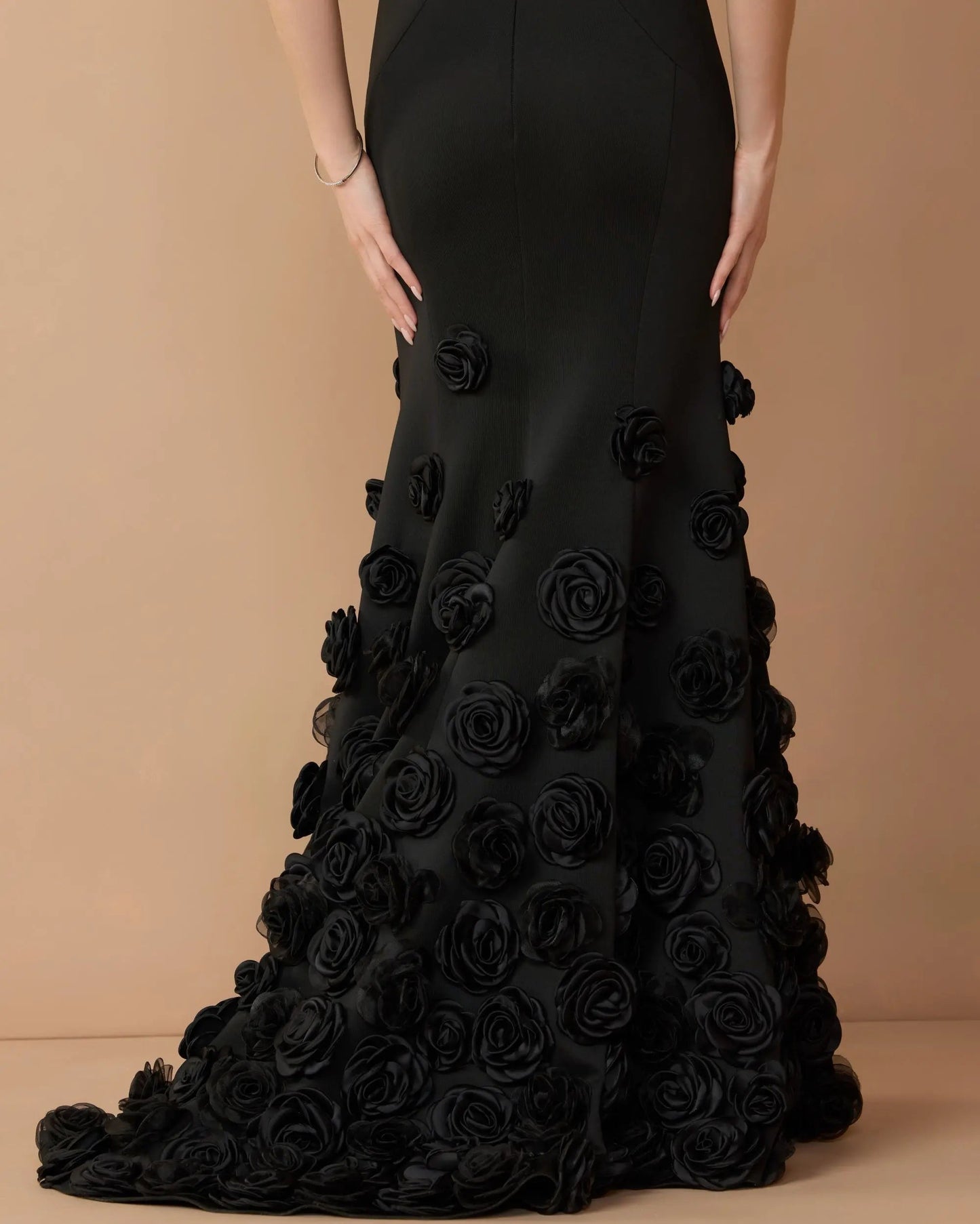 Black Sleeveless Mermaid Gown With 3D Floral Hem