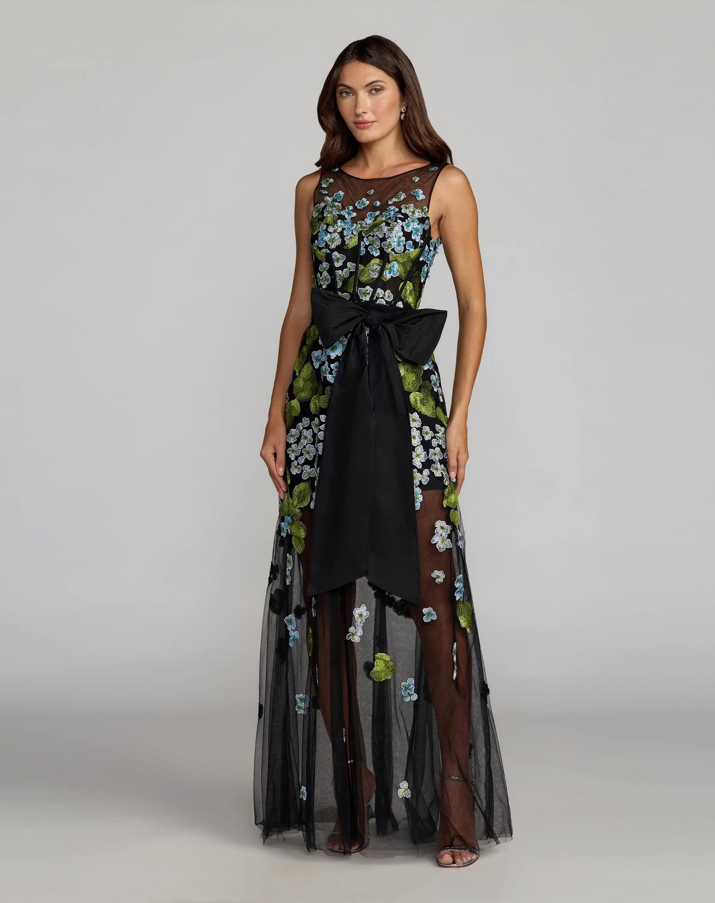Black Floral Embroidered Corset Gown With Bow