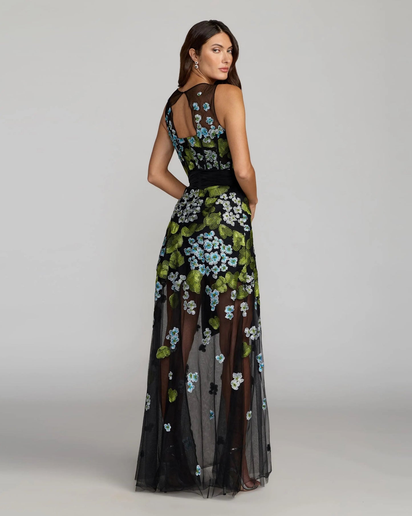 Black Floral Embroidered Corset Gown With Bow