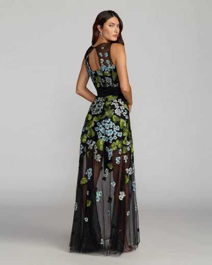 Black Floral Embroidered Corset Gown With Bow