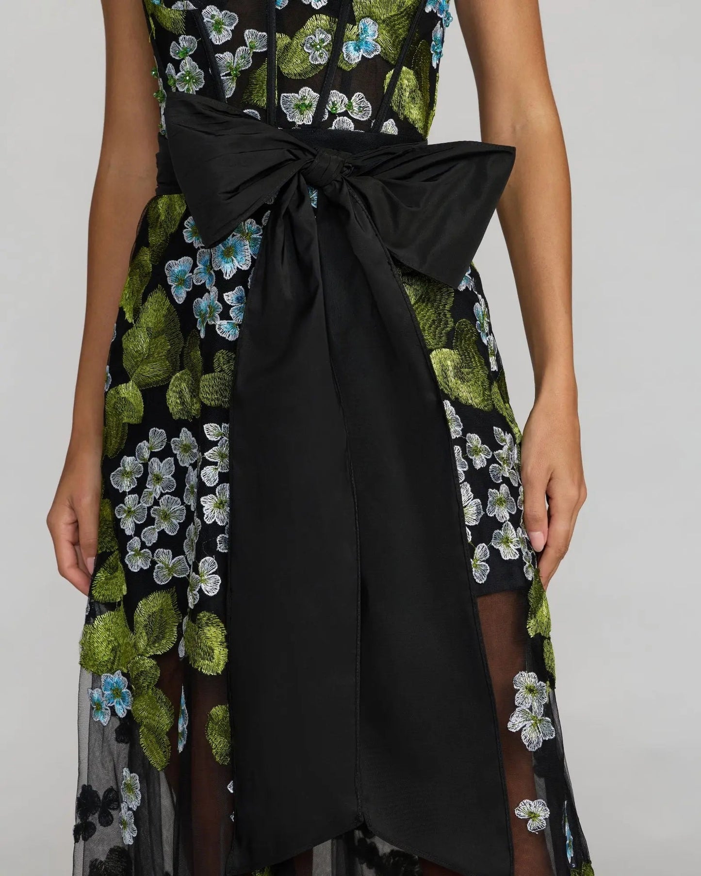 Black Floral Embroidered Corset Gown With Bow