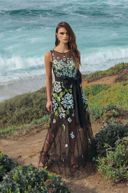 Black Floral Embroidered Corset Gown With Bow