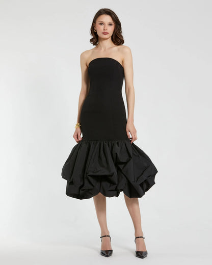 Black Strapless Crepe Midi Dress With Bubble Hem