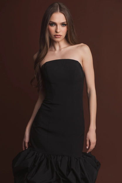 Black Strapless Crepe Midi Dress With Bubble Hem