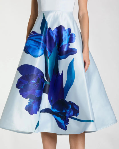 Blue Strapless Satin Midi Dress With Flower Print