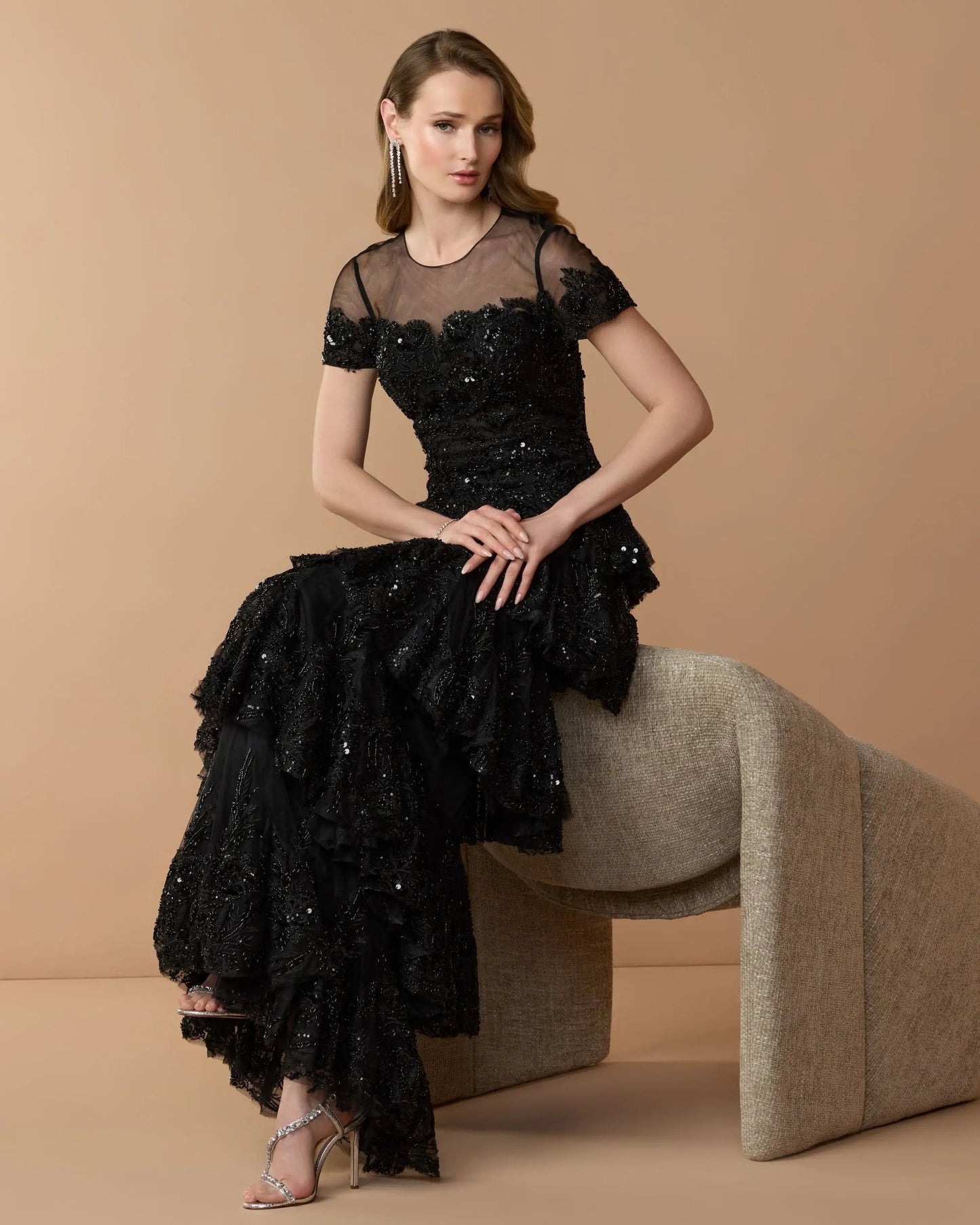 Embellished High Neck Gown With Tiered Ruffle Skirt