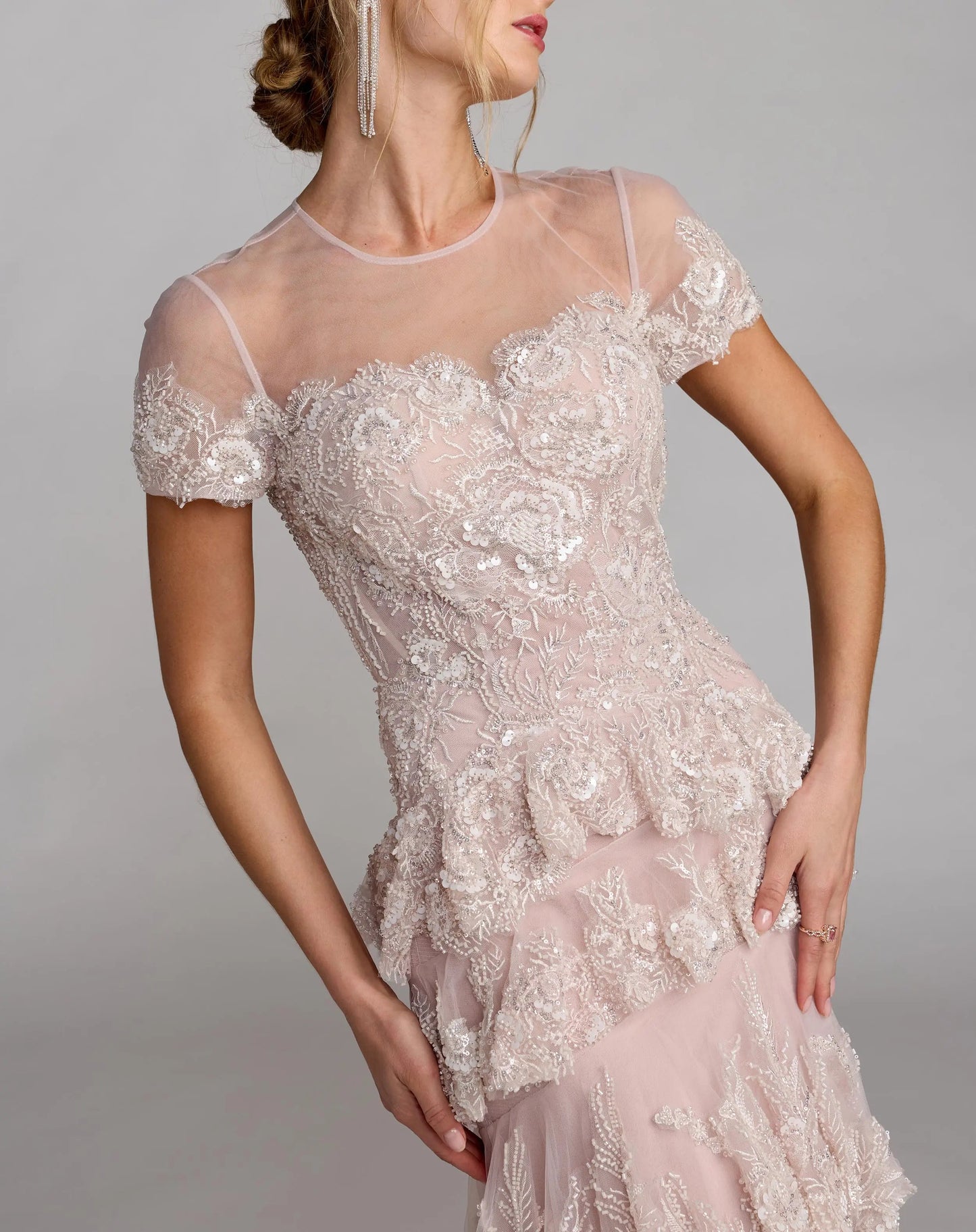 Light Pink Embellished High Neck Gown With Tiered Ruffle Skirt