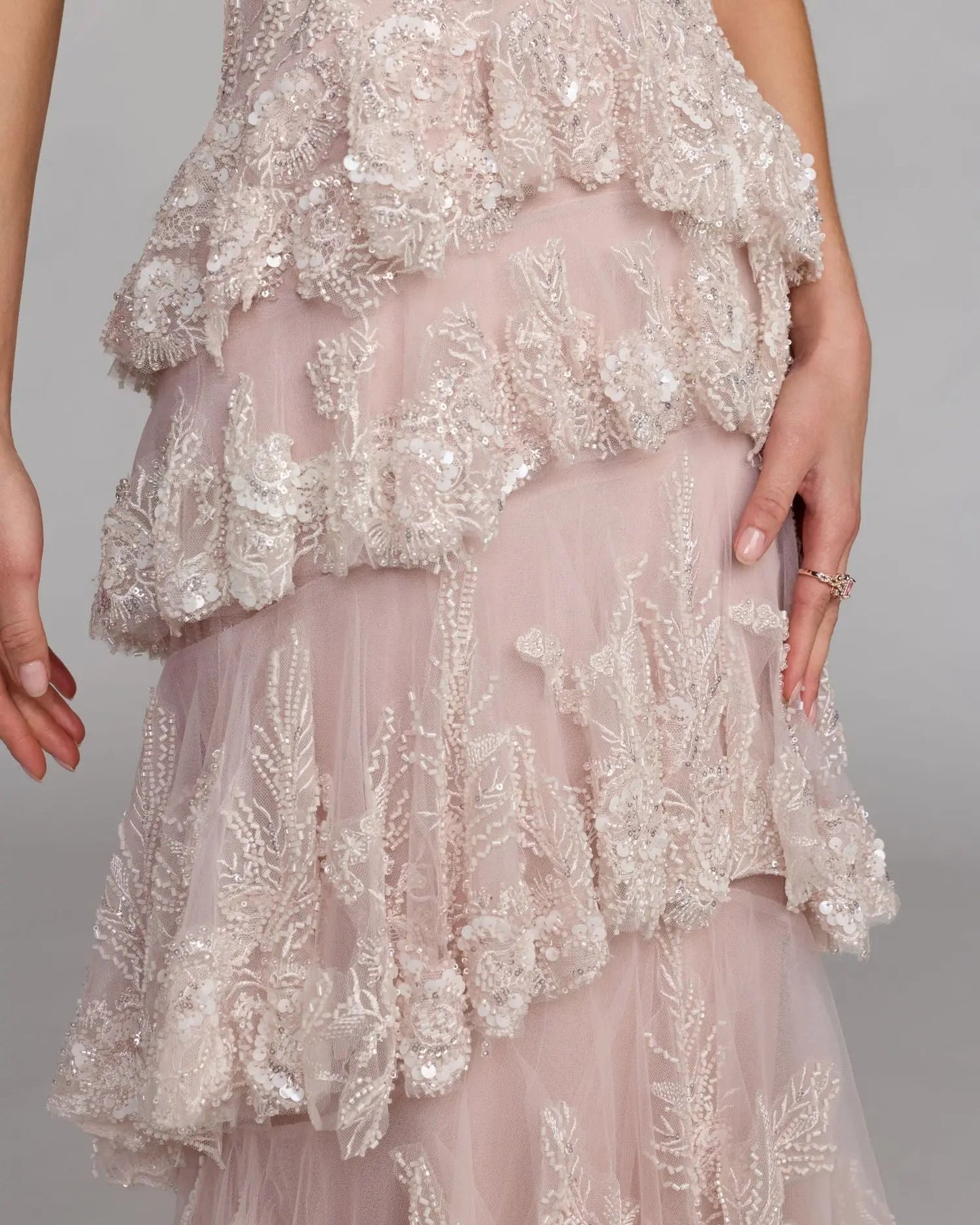 Light Pink Embellished High Neck Gown With Tiered Ruffle Skirt