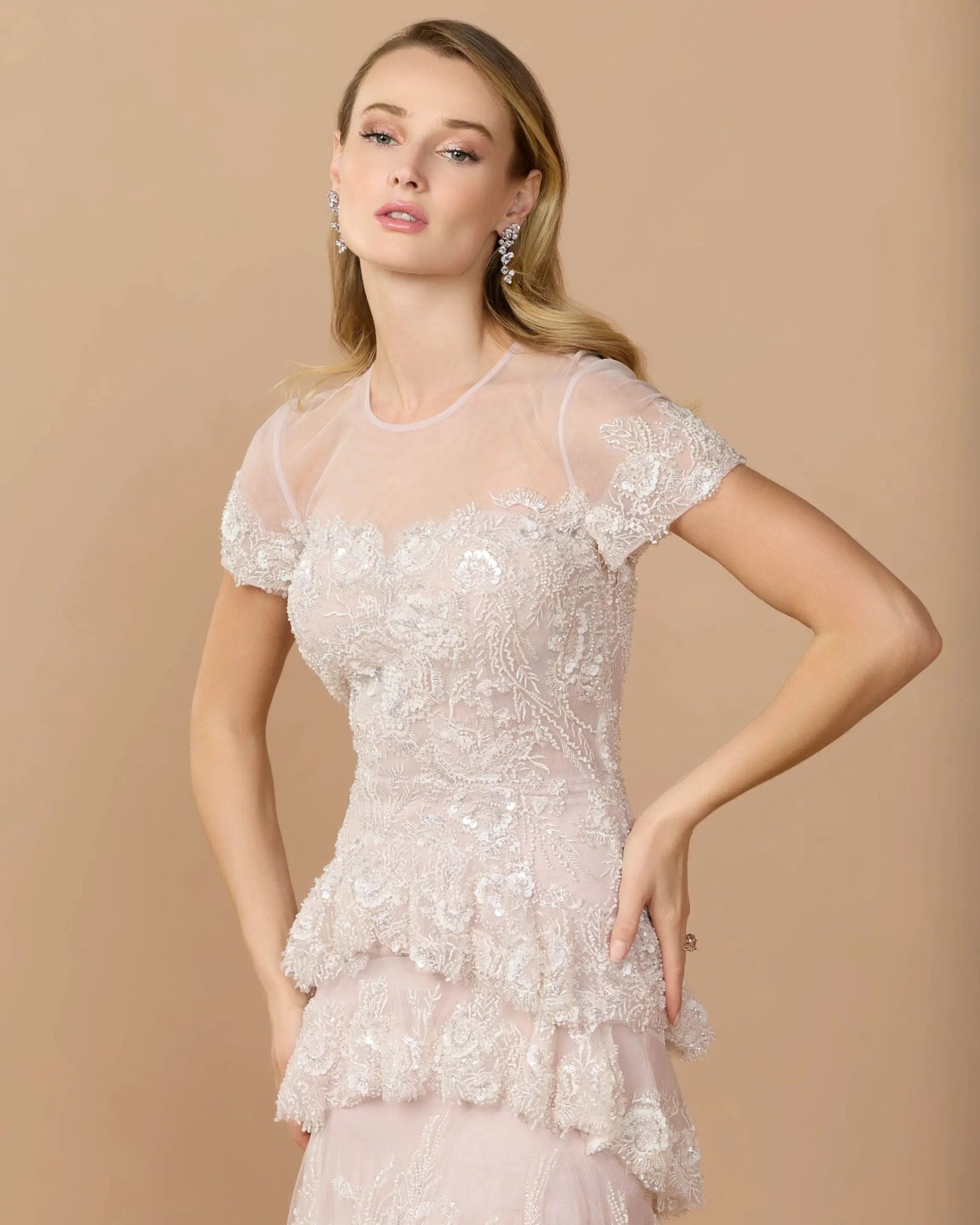 Light Pink Embellished High Neck Gown With Tiered Ruffle Skirt