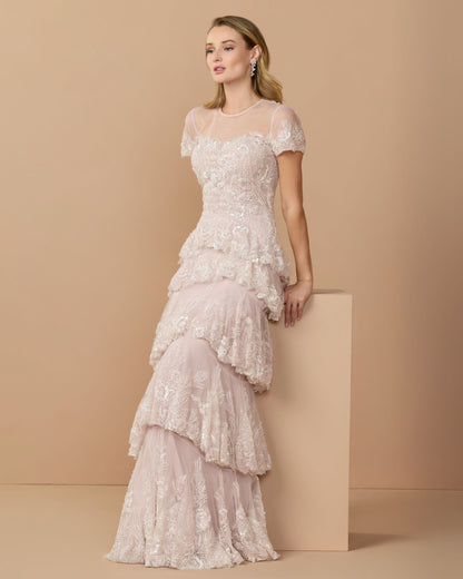 Light Pink Embellished High Neck Gown With Tiered Ruffle Skirt