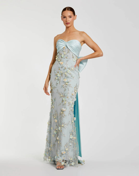 Blue Strapless Sweetheart Embellished Gown With Bow