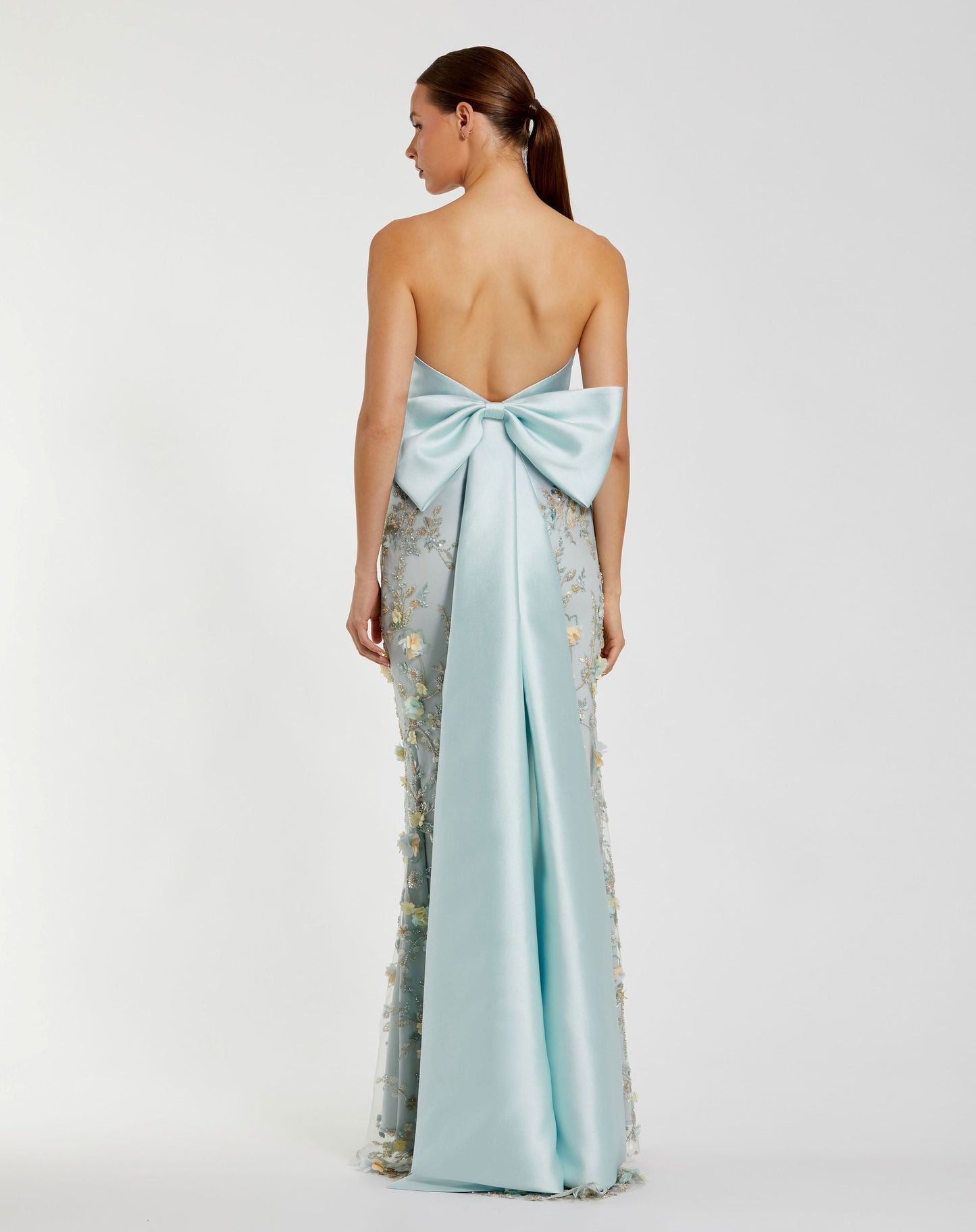 Blue Strapless Sweetheart Embellished Gown With Bow