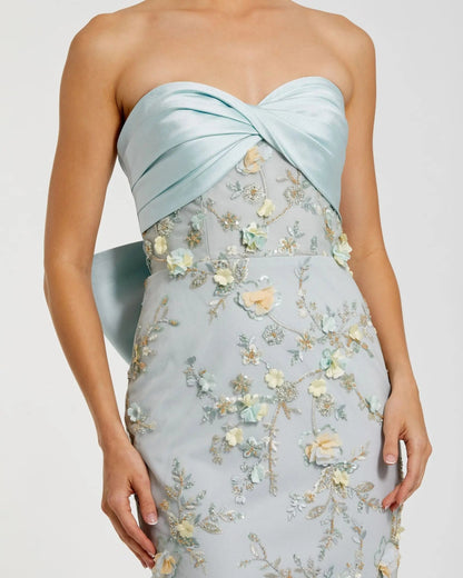 Blue Strapless Sweetheart Embellished Gown With Bow