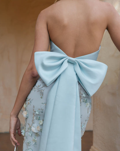 Blue Strapless Sweetheart Embellished Gown With Bow