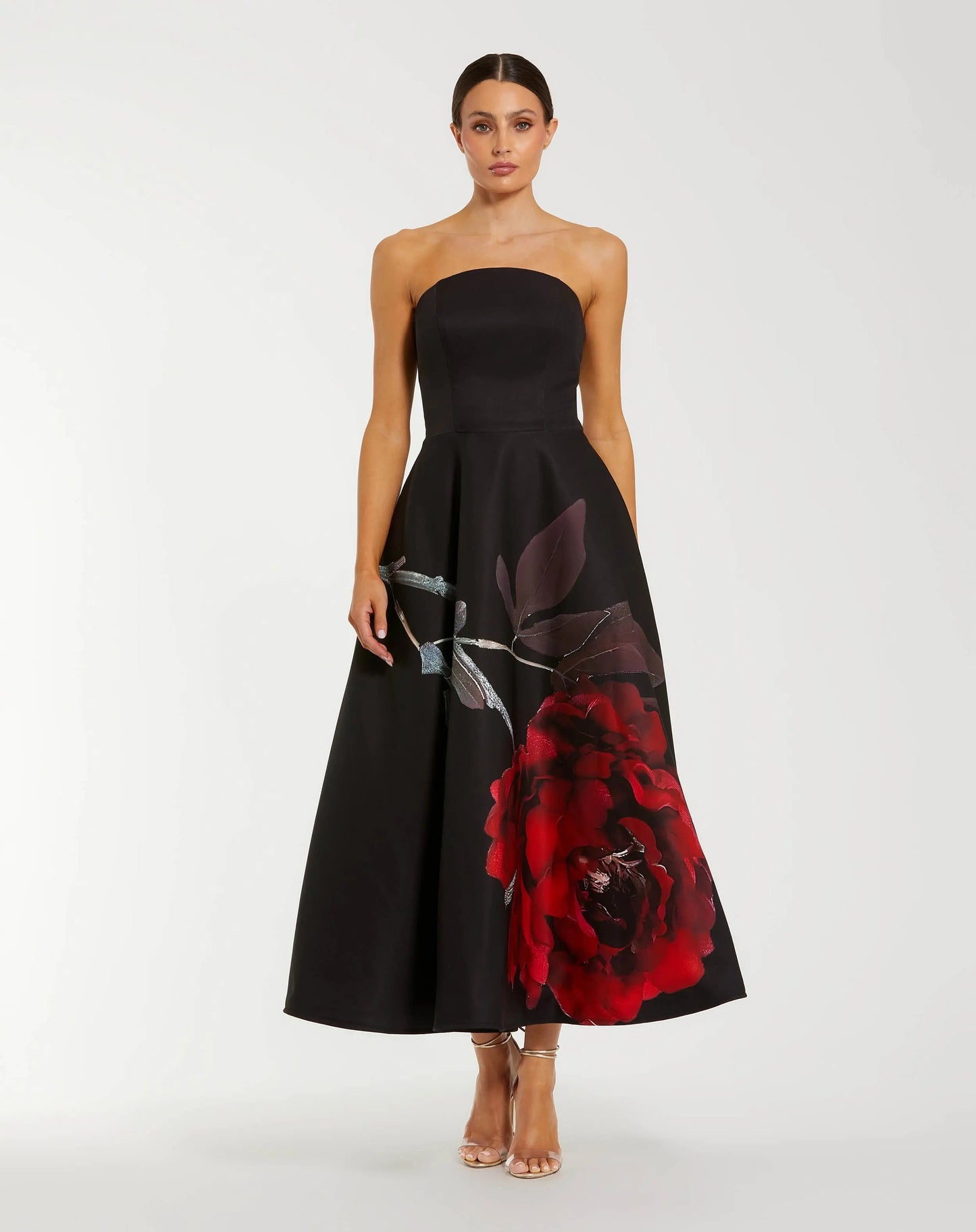 Black Printed Satin Strapless Midi Dress With Pockets