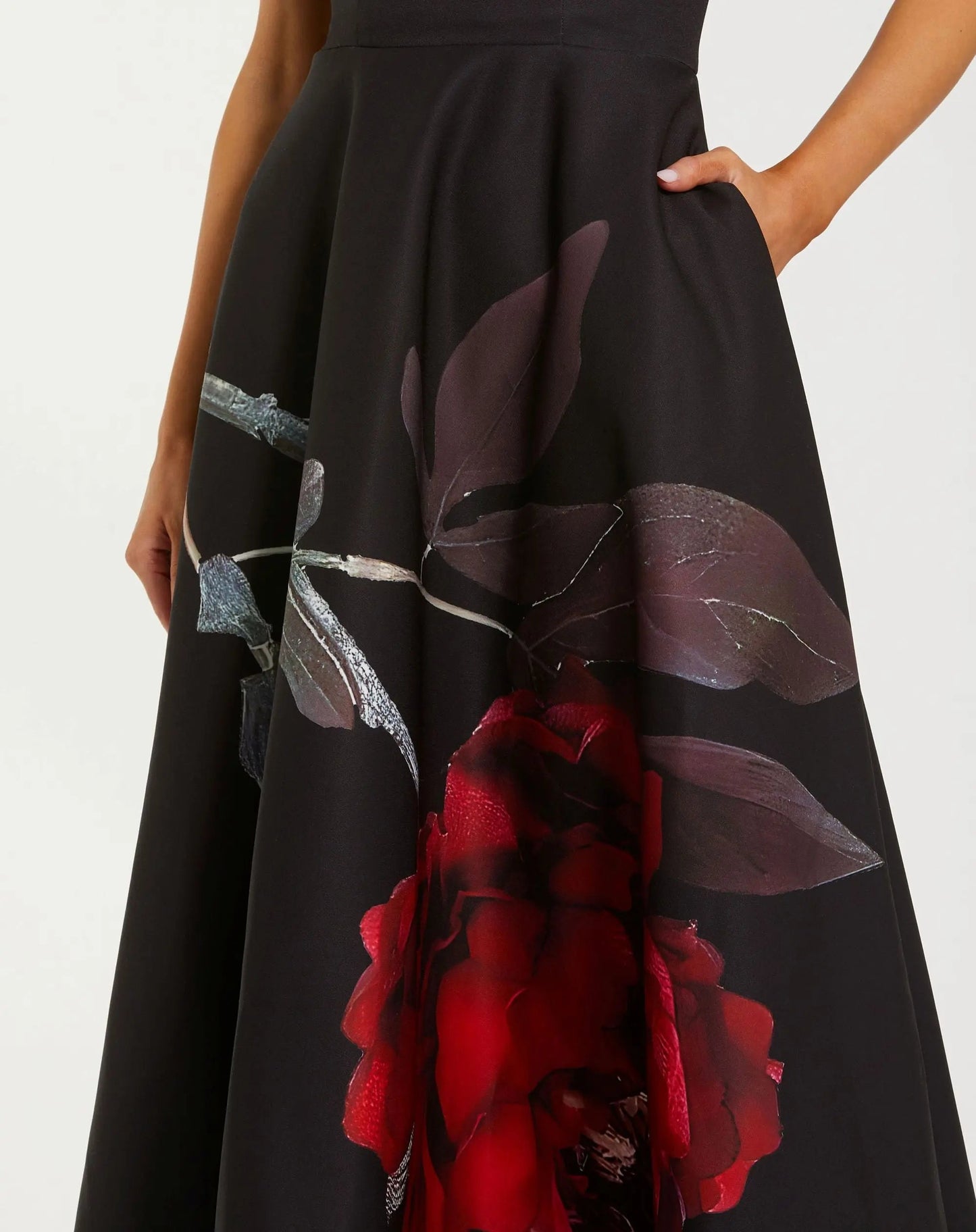Black Printed Satin Strapless Midi Dress With Pockets