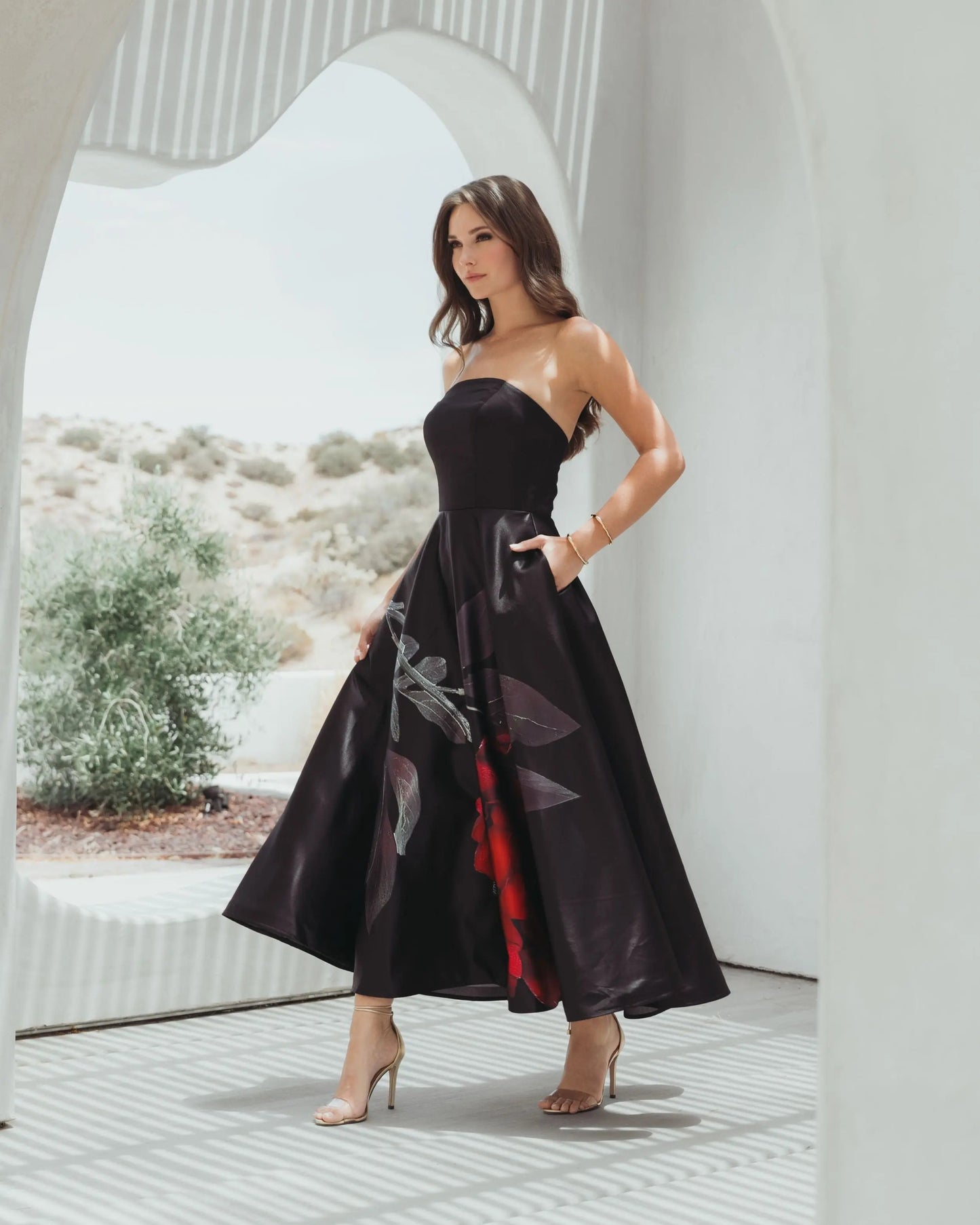 Black Printed Satin Strapless Midi Dress With Pockets