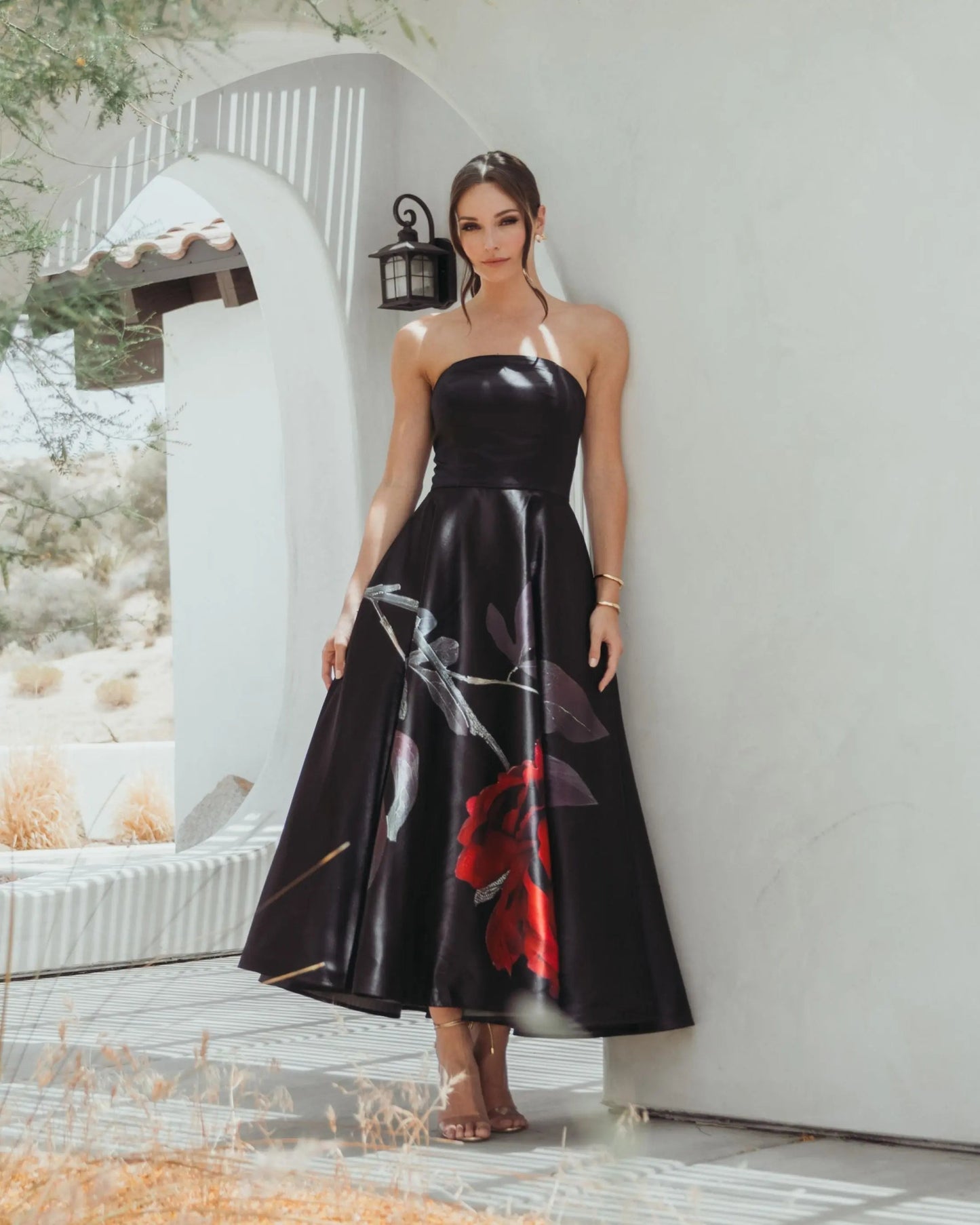 Black Printed Satin Strapless Midi Dress With Pockets
