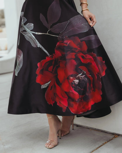 Black Printed Satin Strapless Midi Dress With Pockets