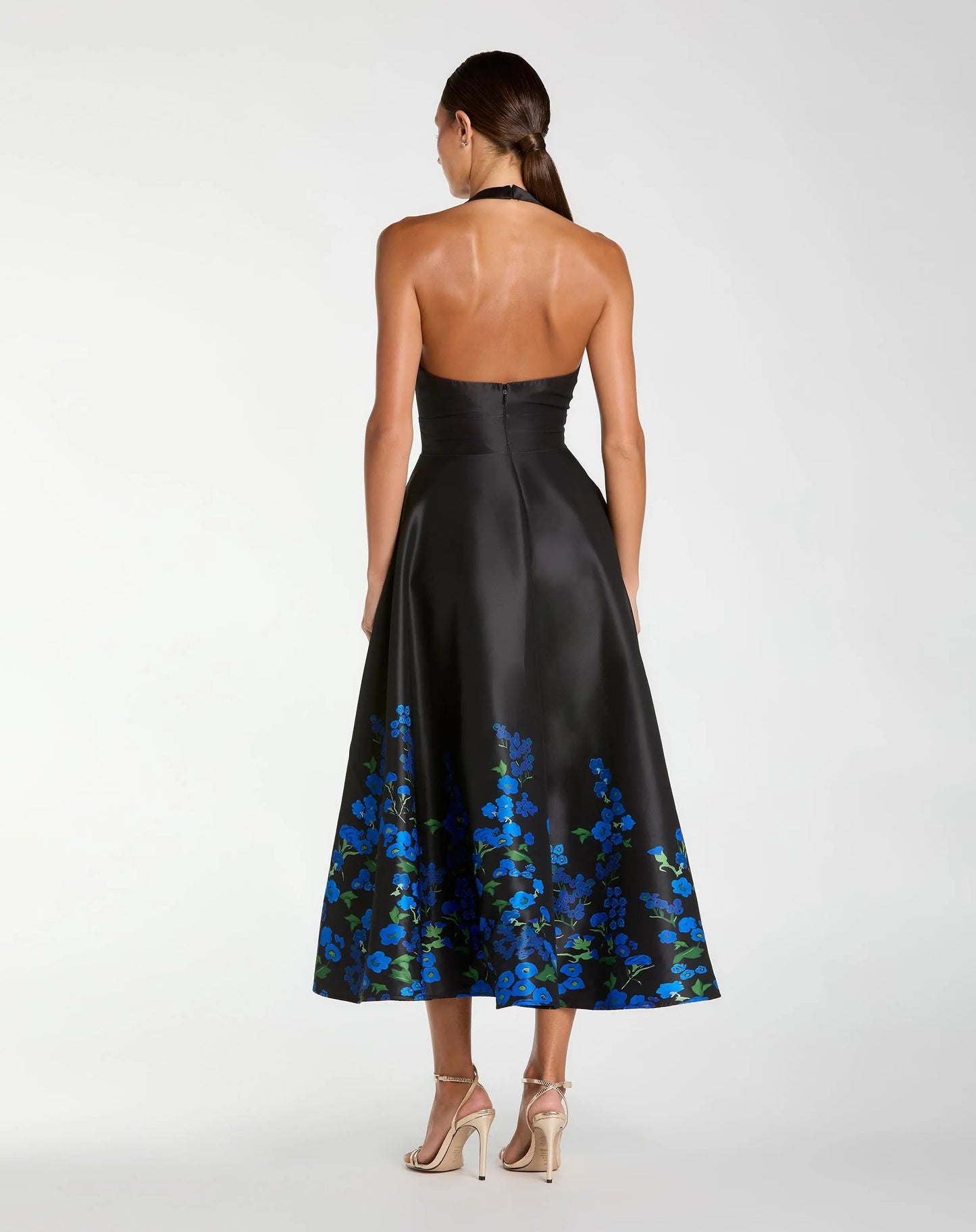 Black Halter Neck Floral Printed Satin Midi Dress