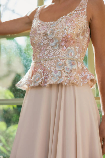 Beige Embroidered Peplum Top With Chiffon Skirt Gown