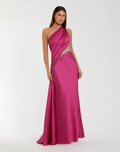 Dark Pink One Shoulder Charmeuse Gown With Beaded Cutout