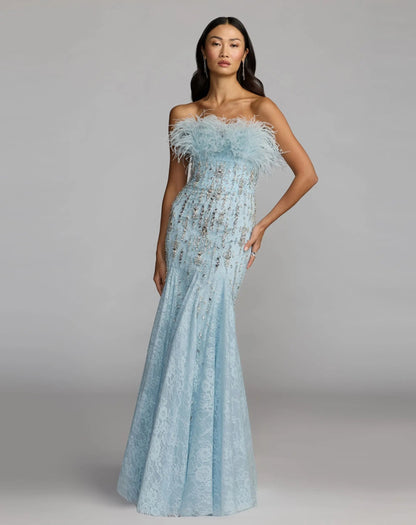Blue Feather Embellished Strapless Mermaid Gown