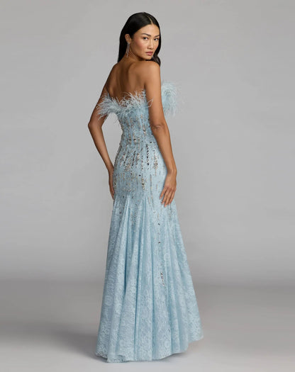 Blue Feather Embellished Strapless Mermaid Gown