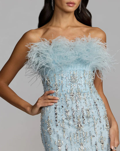 Blue Feather Embellished Strapless Mermaid Gown