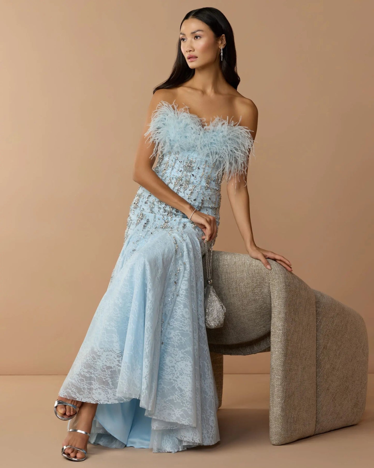 Blue Feather Embellished Strapless Mermaid Gown