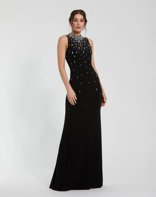 Black Rhinestone Embellished Sleeveless Crepe Gown