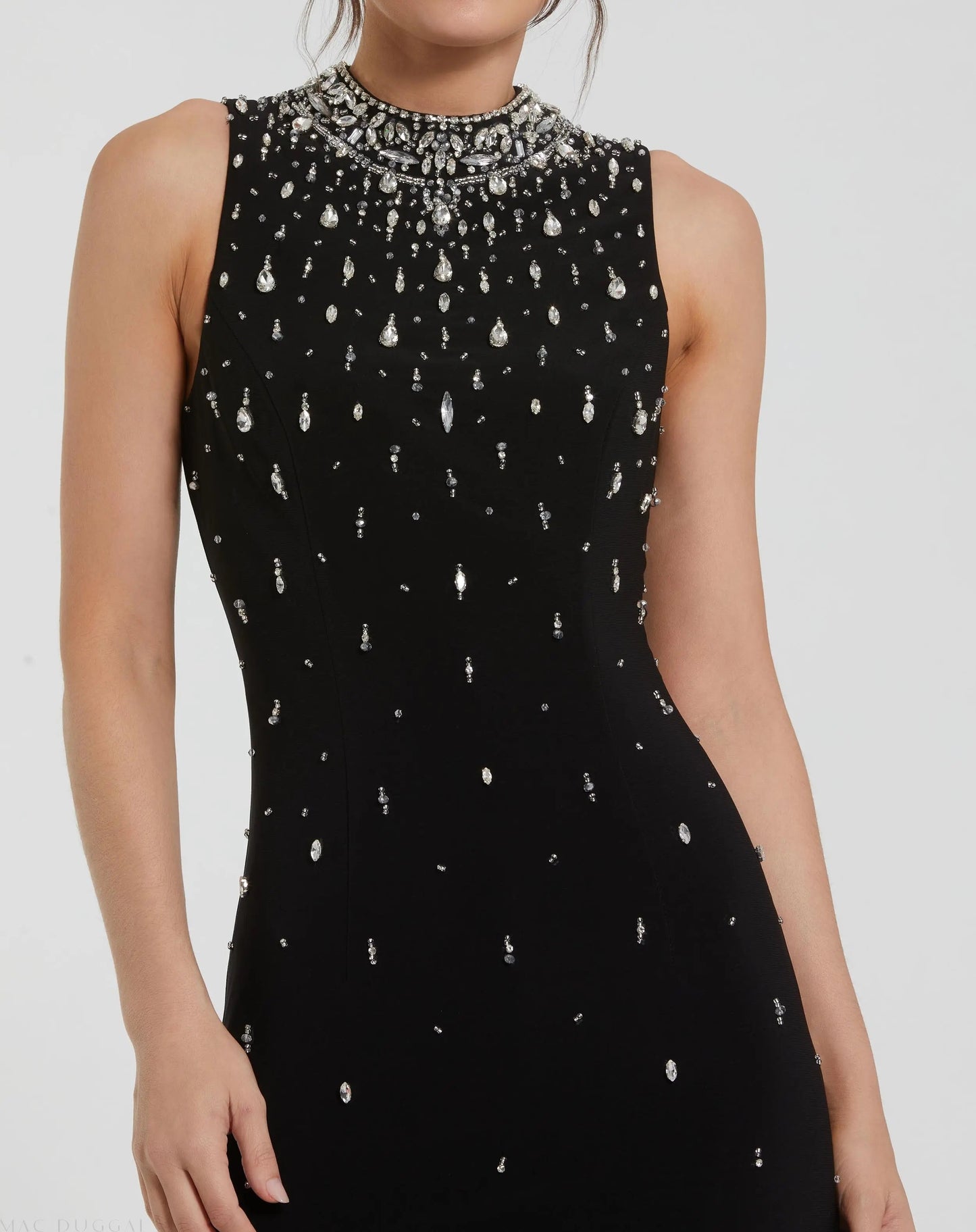 Black Rhinestone Embellished Sleeveless Crepe Gown