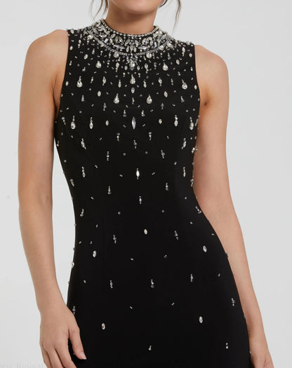 Black Rhinestone Embellished Sleeveless Crepe Gown