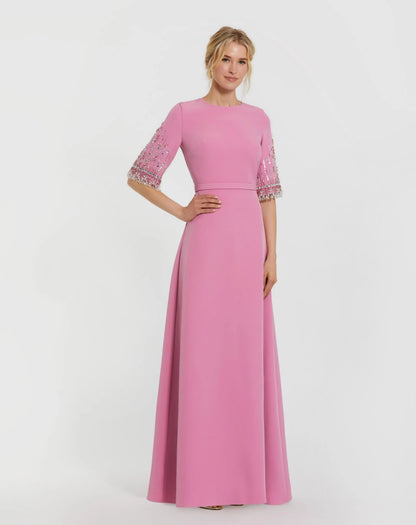 Crepe A Line Gown With Beaded 3/4 Sleeves