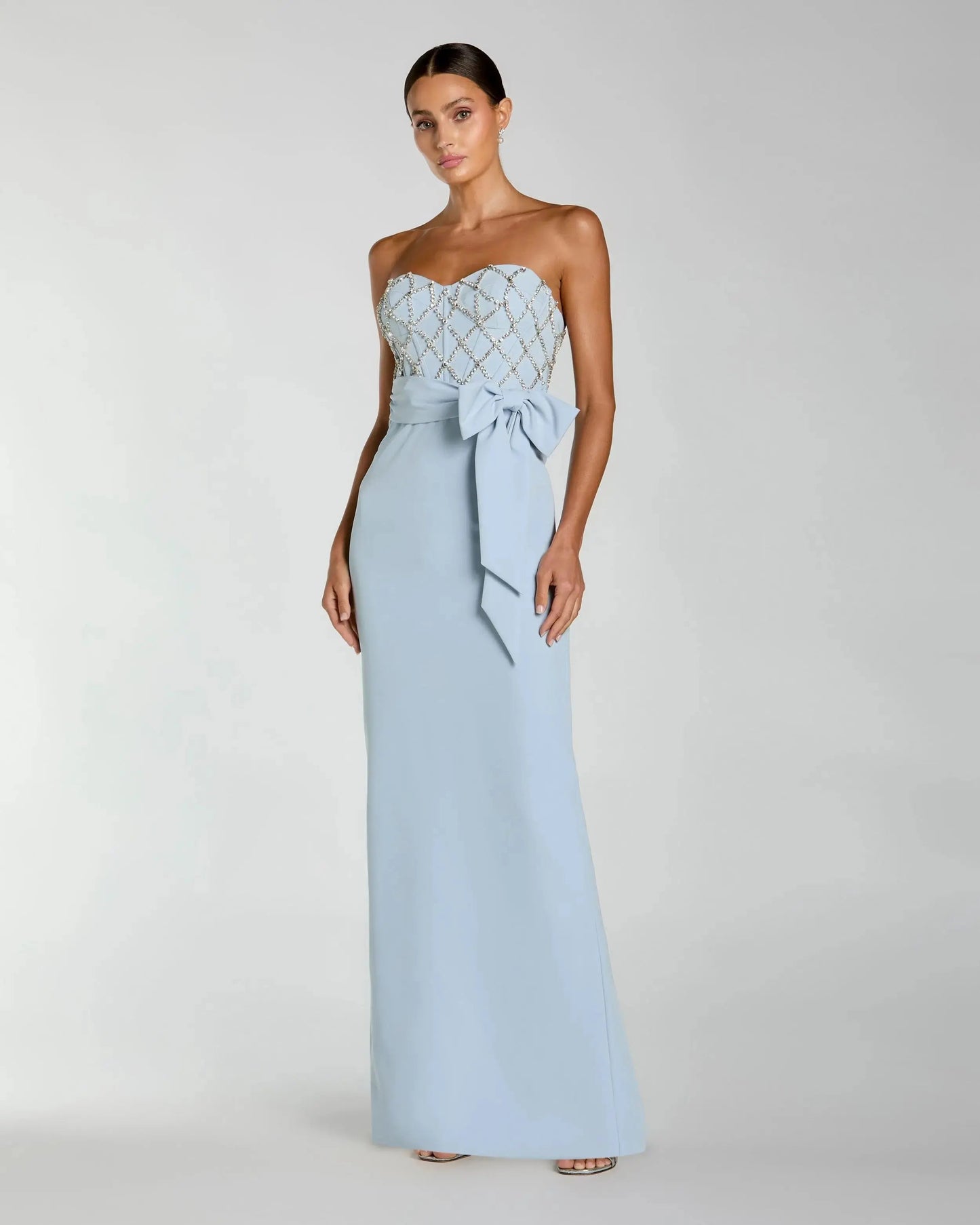 Embellished Strapless Bustier With Bow Crepe Gown