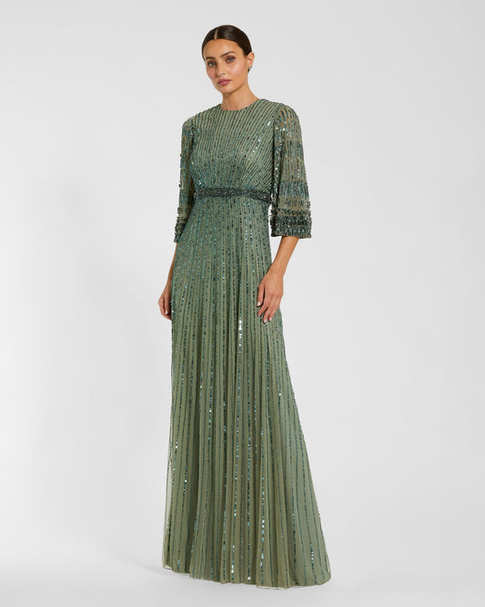 High Neck Embellished Gown With 3/4 Sleeves