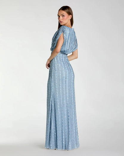 Blue Embellished Blouson V Neck Column Gown